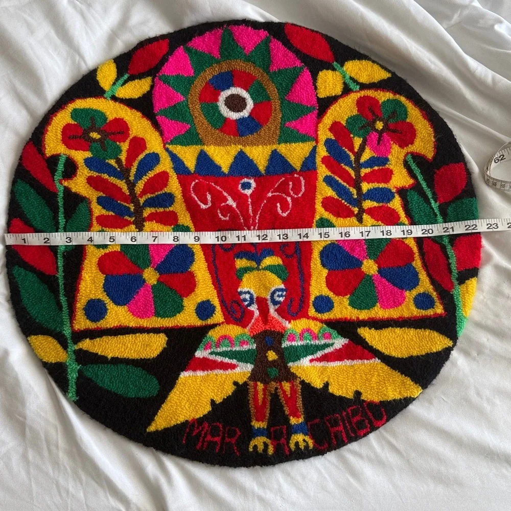 Venezuelan Handmade Colorful Round Hooked Rug Wall Tapestry Fiber Art